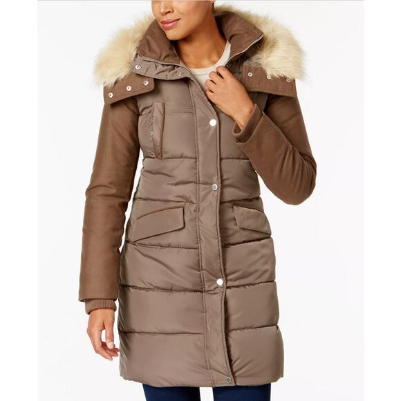 French Connection Faux-Fur-Trim Mixed-Media Coat Brown Size XL 400161 - Picture 1 of 2
